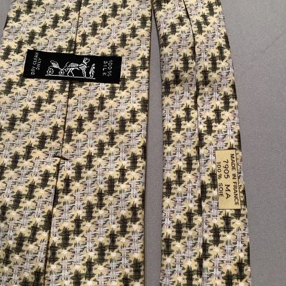 Hermes Paris silk tie Made in France Yellow Gray Green Black Hashtag Pattern - Picture 4 of 6